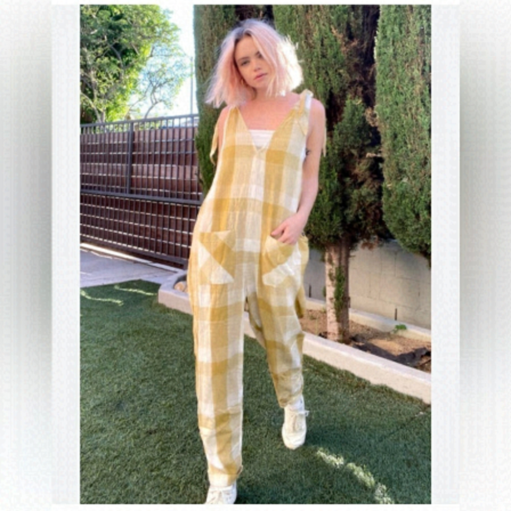 Free PEOPLE Don’t You Want This Check Jumpsuit in Citron Combo Yellow Sz XS